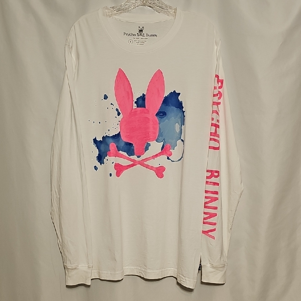 Psycho Bunny Men's White Long Sleeve Shirt with Pink and Blue Design